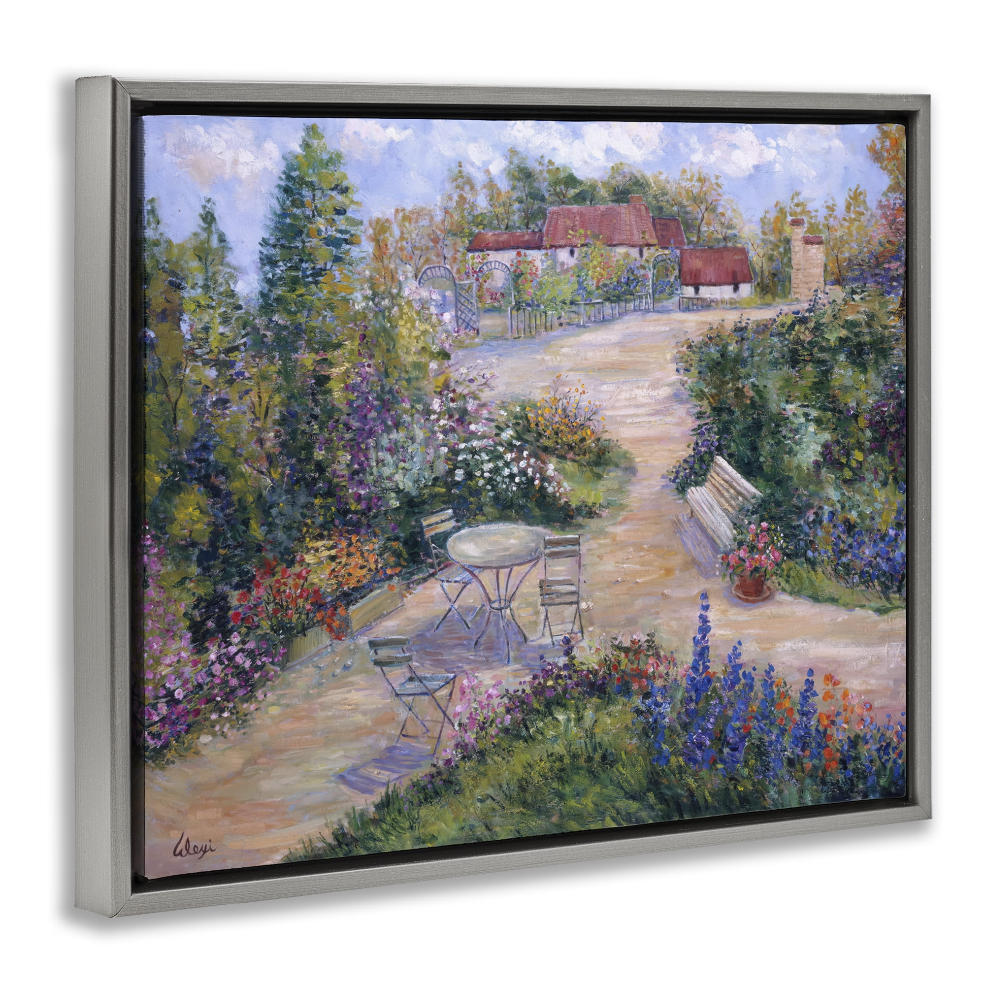 Stupell Industries Spring Garden Benches Landscape & Nature Painting Gray Floater Framed Canvas Art Print Wall Art, 21 x 17
