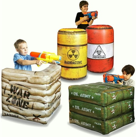Pack of 4 Combat Battlefield Inflatables Barrels, Compatible with Nerf, Laser tag, Water Gun, Dart Gun, Perfect for Boys and Girls Birthday Activities, Suitable fot Kids and Adults