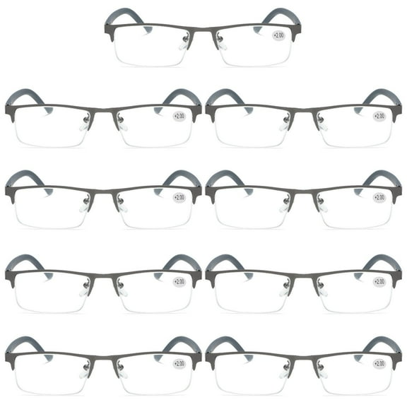 9 PK Men's Blue Light Blocking Reading Glasses - Rectangular Metal Half-Frame - Spring Hinge Readers  0.75