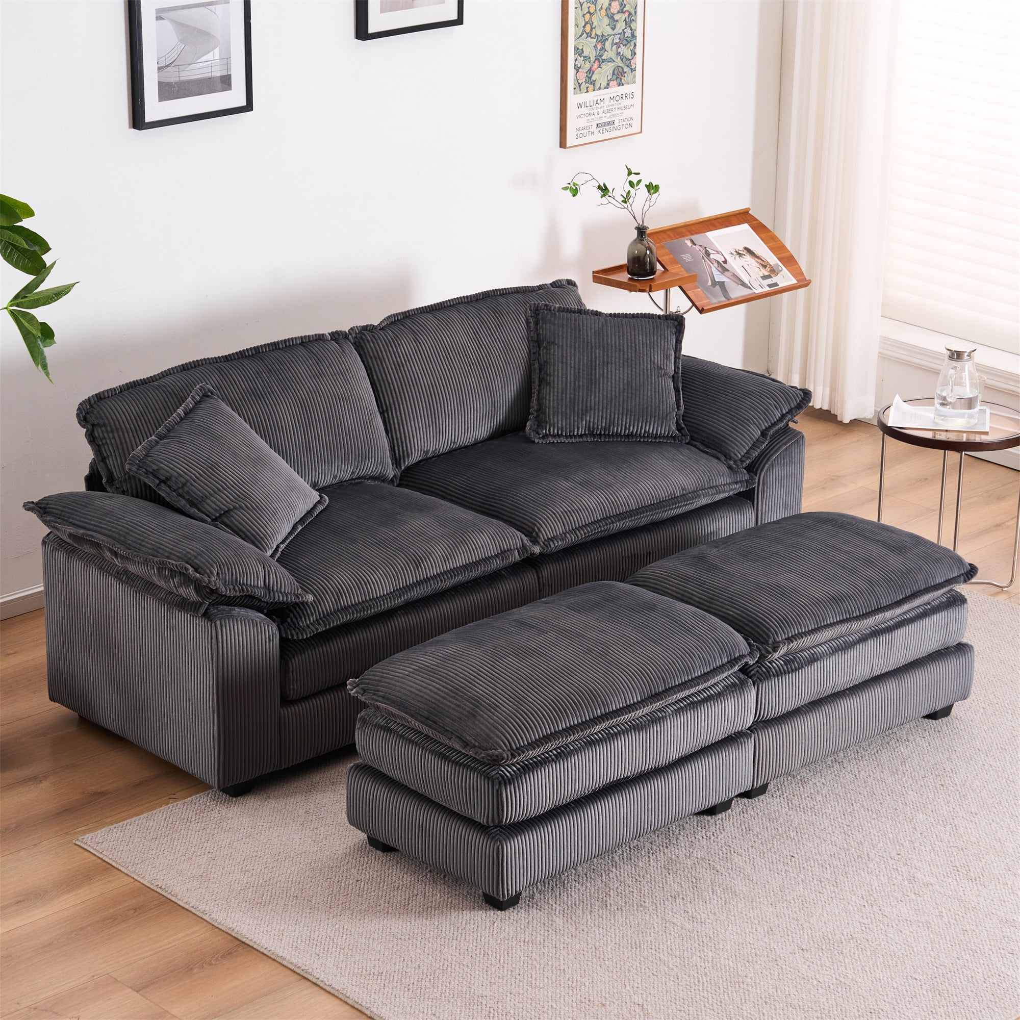 Aukfa Modular Sectional Couch Deep Seat Loveseat Sofa with 2 Ottoman for Living Room, 6 Pillows, Corduroy, Gray