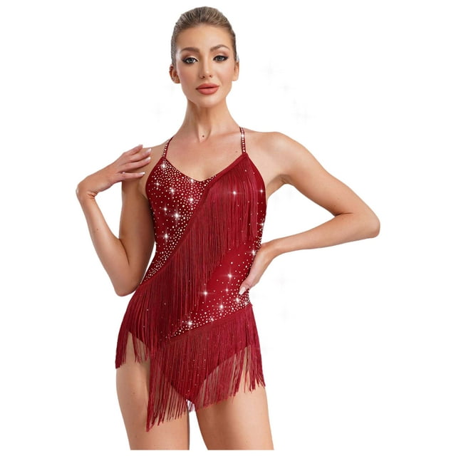 XUNZOO Justaucorps-Robe de Danse Latine pour Femme Sans Manches à Franges Justaucorps Rumba Samba Danse de Salon Bourgogne P