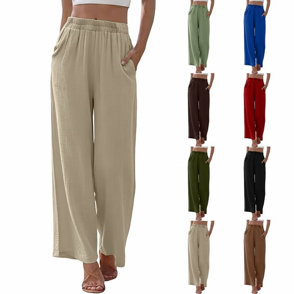 Delayuji Womens Linen Pant Daily Elastic High Waist Straight Leg Pant Solid Color Casual Pants Loose Long Trousers