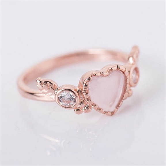 Heart Shaped Wings Ring Zircon Inlay Rose Gold Silver Base Metal Unisex Design and Gift for Women Heart Jewelry Fashion Ring Statement Ring
