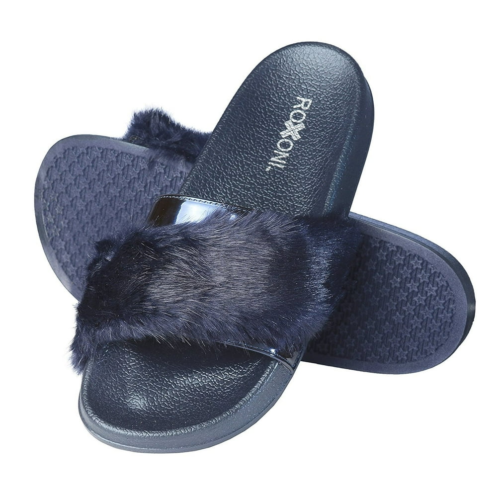 Roxoni - Roxoni Women's Summer Fur and Metallic Open Toe Slide Slipper ...