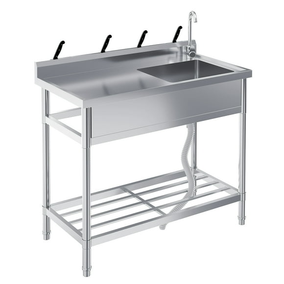 Stainless Steel Utility Sink, 39 Inch Single Bowl Free Standing Sink with Workbench, Faucet & Hot & Cold Water Plumbing for Laundry Room, Kitchen, Garage, Workshop, Outdoor Use, Heavy-Duty