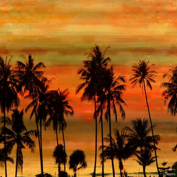Parvez Taj Pt-Cnpw-14-C-24 24" X 24" "Palms Against Gold Sky" Art Print On Stretched