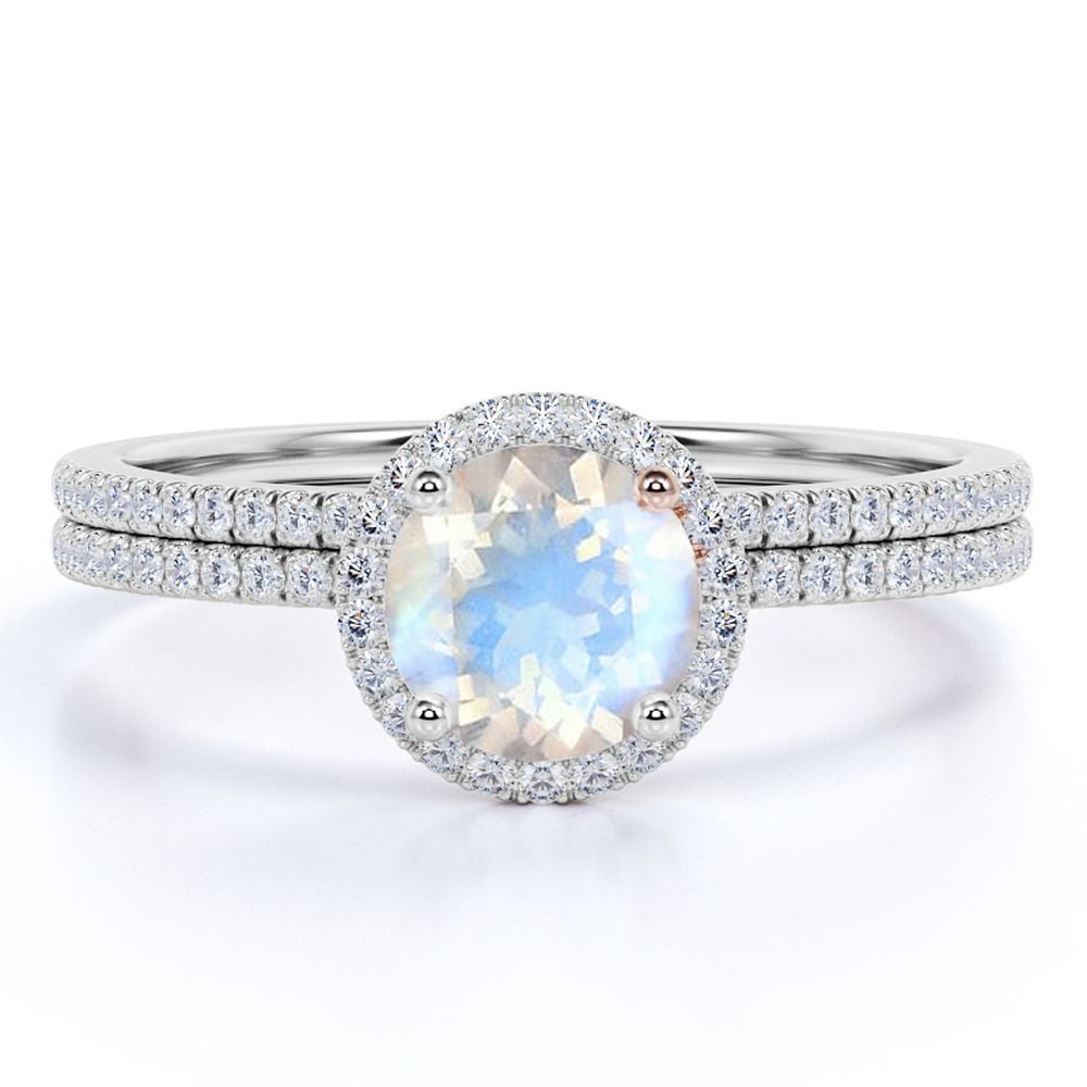 JeenMata 1.75 carat Round Faceted Rainbow Moonstone and Moissanite Infinity Bridal Ring Set in 18k White Gold over Silver