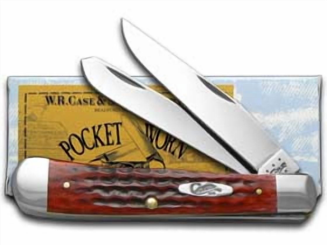 Case Jigged Old Red Bone Pocket Worn Trapper Folding Knife - Stainless Steel Blade - Red