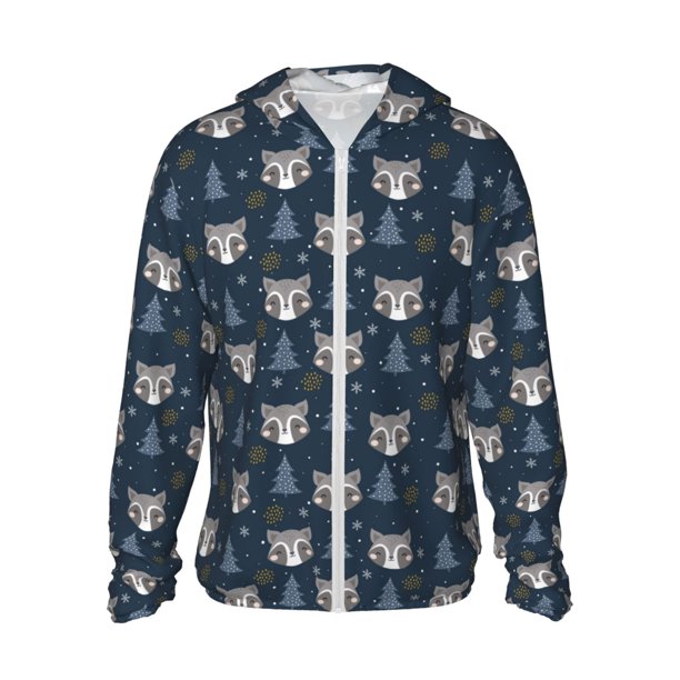 Fotbe Cute Christmas Tree Raccoon Chaqueta con Protección Solar UPF 50+ para Hombre y Mujer, Camisa con Capucha y Bolsillos-Large