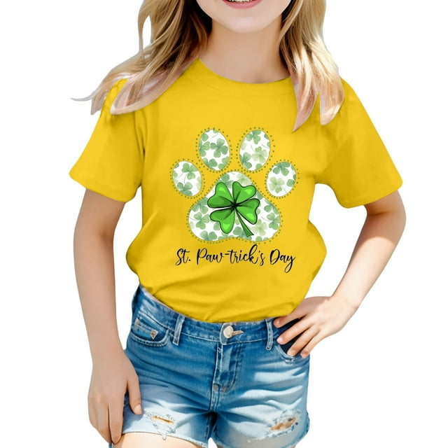 LUOGENLI T-Shirt pour Filles Enfants Filles Pâques Mignon Saint Pat Col Rond Manches Courtes Tee Été Décontracté T-Shirt Longs pour Filles Tendance Été Jaune 3-4 Ans