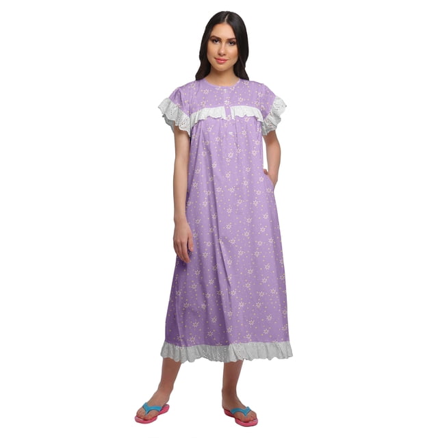 Moomaya Chemise de Nuit Imprimée pour Femmes Mi-Mollet en Coton à Manches Courtes