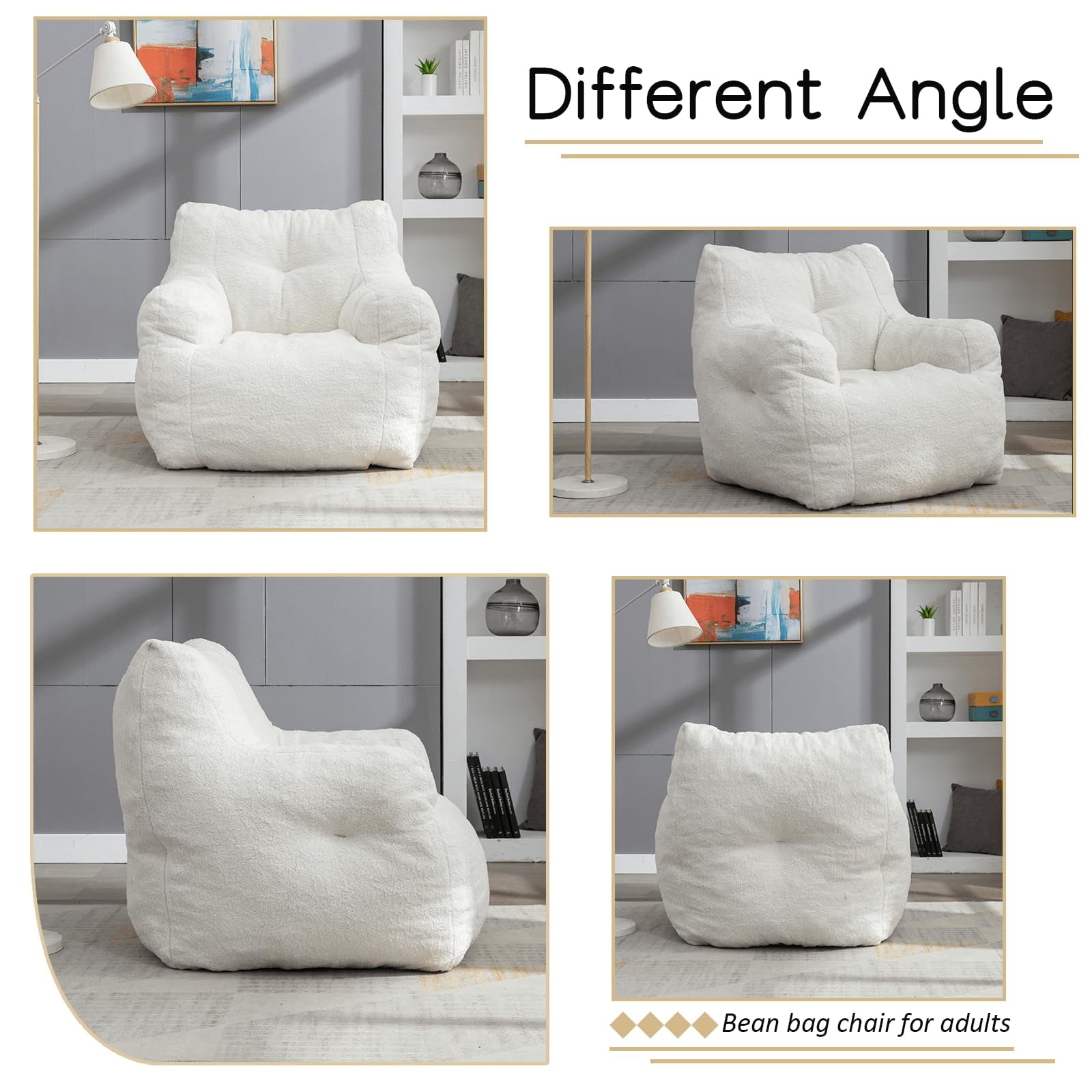 Lecut Bean Bag Chair Large Bean Bag Chair for Adults with Armrest Comfy Bean Bag Sofa with Foam Filling Fluffy Lazy Chair Soft Teddy Fabric Tufted Bean Bag for Dorm Bedroom Gaming White
