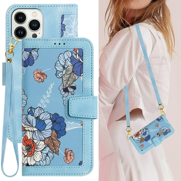 Cowithday iPhone 15 Pro Max Case, PU Leather Magnetic Closure RFID Blocking Card Slots Kickstand Shockproof Flip Wallet Handbag Flowers Case Cover with Wrist Strap Shoulder Strap for Women & Girl,Blue