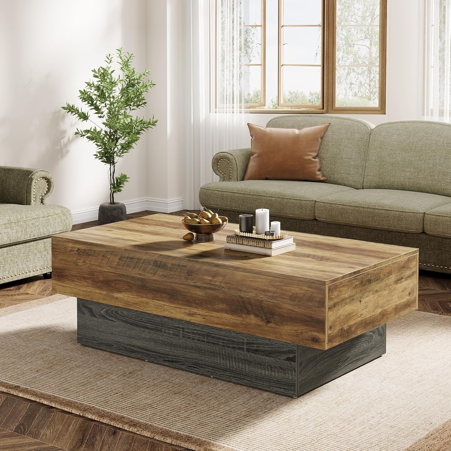 Tribesigns 55-Inch Farmhouse Wood Coffee Table, Large Rectangle Rustic Brown & Grey Tea Table for Living Room