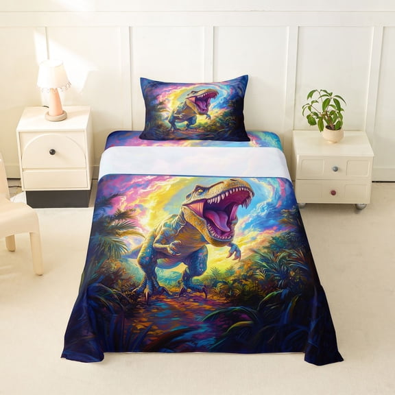 Homewish Wild Dino Twin Sheets,Jungle Animal Bedding,Multicolor,3 Pieces,1 Fitted Sheet and 1 Pillowcase