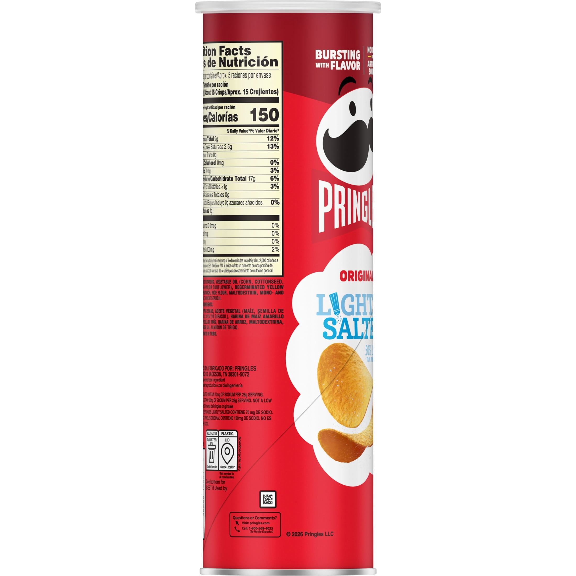 Pringles Lightly Salted Potato Crisps Chips, Lunch Snacks, 5.2 oz Canister