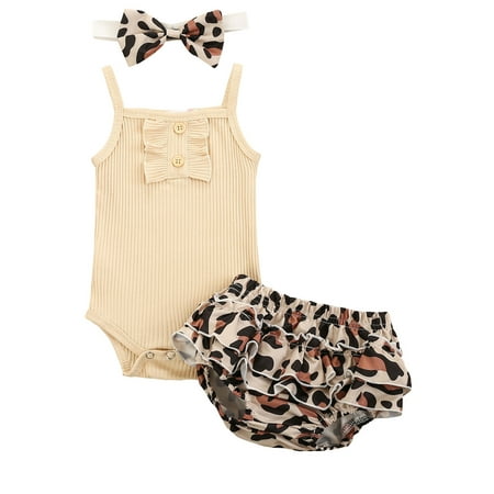 

Gwiyeopda Toddler Baby Sleeveless Romper + Culottes + Bow Headdress Leopard Print Clothing Outfit