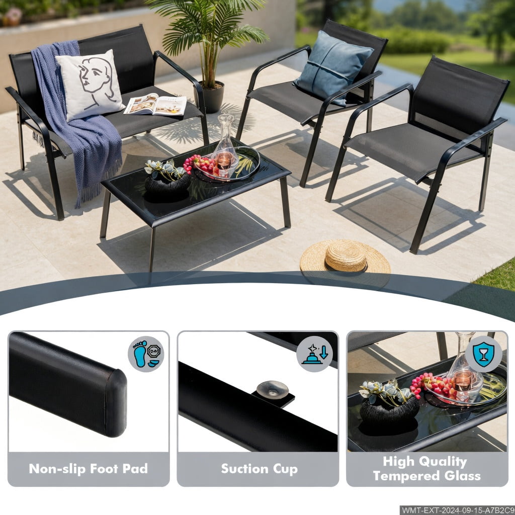 Hommoo 4-Piece Modern Patio Furniture Set, Steel Frame Outdoor Loveseat, 2 Armchairs + Tempered Glass Table, Weather-Resistant, Easy Assembly, Black