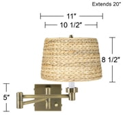 Barnes and Ivy Modern Swing Arm Wall Lamp Antique Brass Plug-In Light Fixture Woven Seagrass Drum Shade Bedroom Bedside Reading