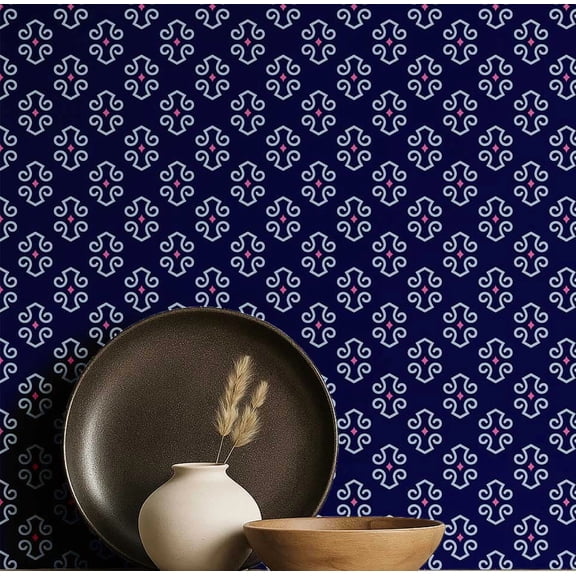 S4Sassy Self Adhesive Wallpaper, Blue Geometric Motif Wallpaper, Removable DIY Vinyl Wall Covering, Peel and Stick Contact Paper for Entryway Accent Wall, Easy Home Decor Solution (25"x60")