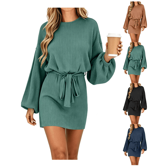 Women Fall Winter Dress Casual Long Sleeve Pullover Dresses Solid Color Loose Crew Neck with Belt
