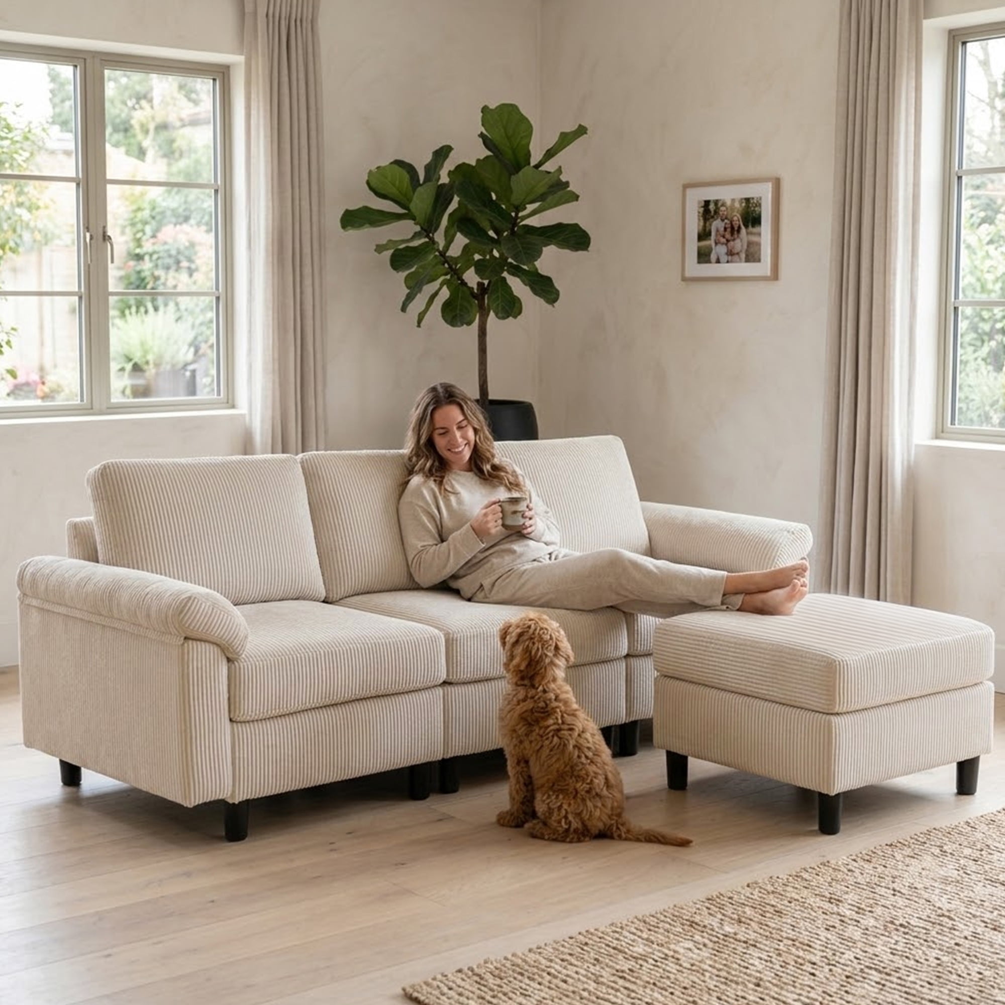 SAETSFEG Sectional Sofa, L-Shape 3-seat Couch with Movable Ottoman, Modern Storage Modular Sofa for Living Room,Beige