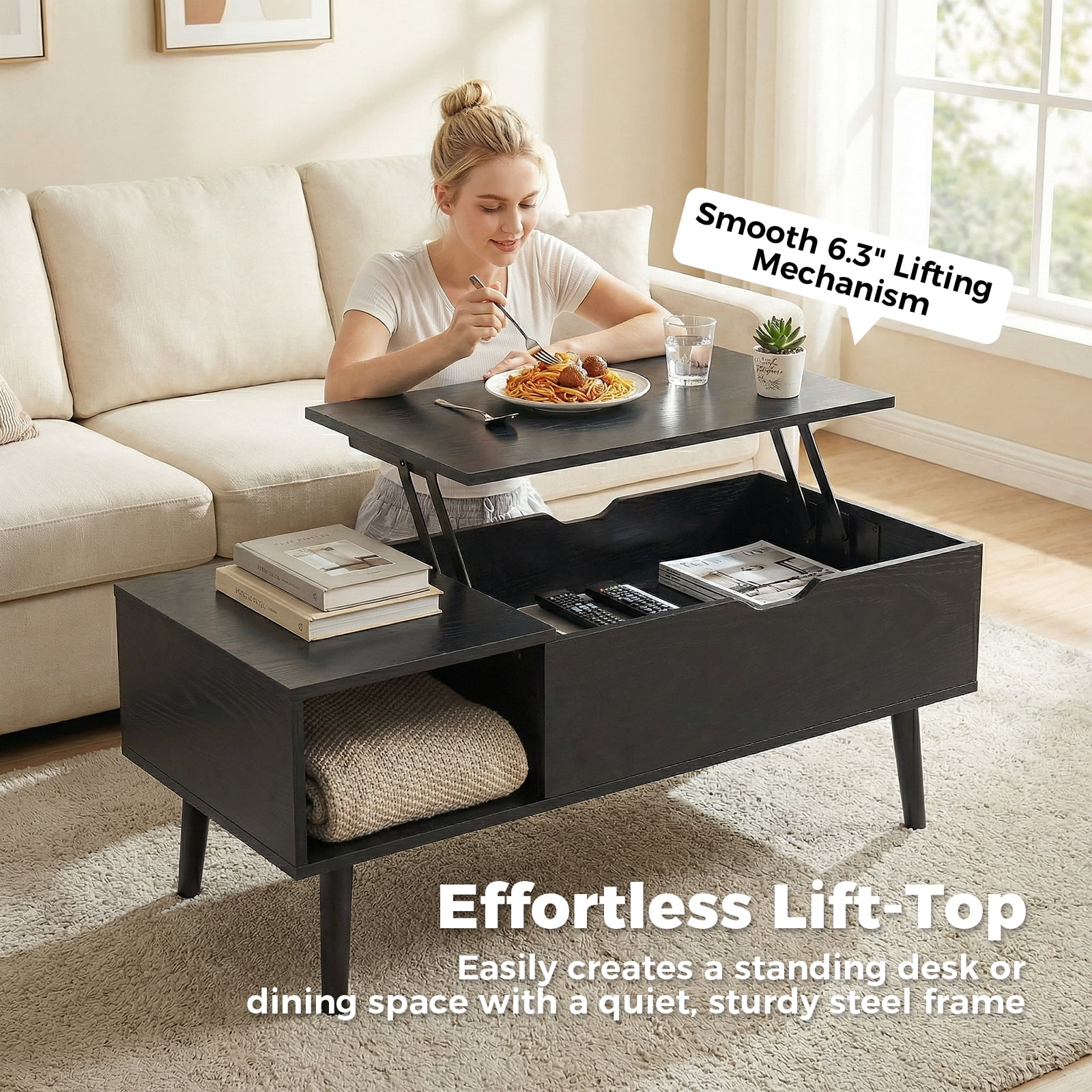 Alvantor Lift Top Coffee Table with Storage, Modern Lift-Up Design Hidden Compartment, Brown/Black