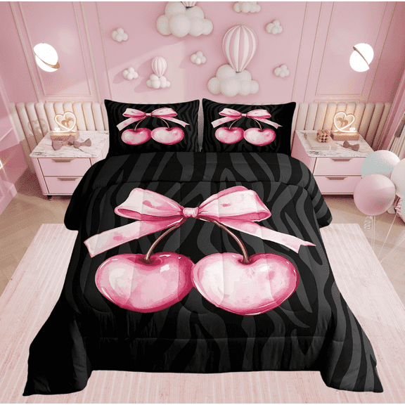 Pink Cherry Bowknot Comforter Set King Size,Zebra Stripes Geometric Black Bedding Set,Women Room Decor,Bow Tie Princess Girly Down Comforter,Romantic Duvet Insert,2 Pillowcases