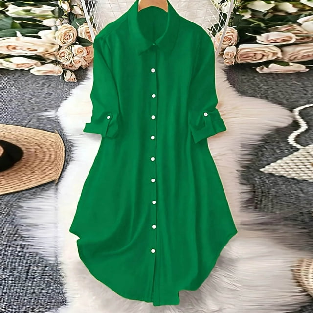 Soki Robe Chemise Boutonnée pour Femmes avec Poches, Col Oversize, Manches Longues, Tunique Asymétrique