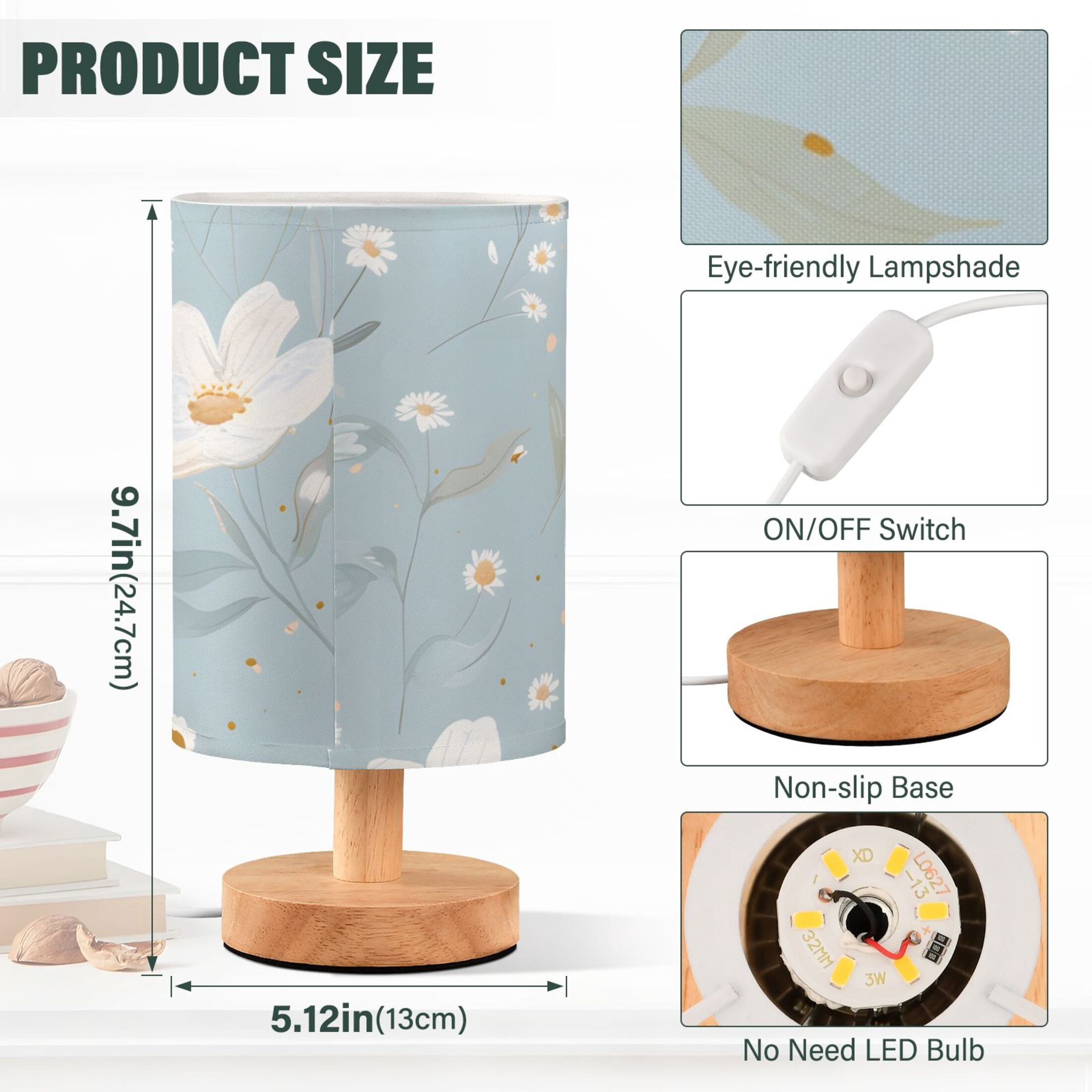 White Florals Daisies Leaves Oil Painting Table Lamp with USB Port LED Warm Light Lamp Night Light Home Decor