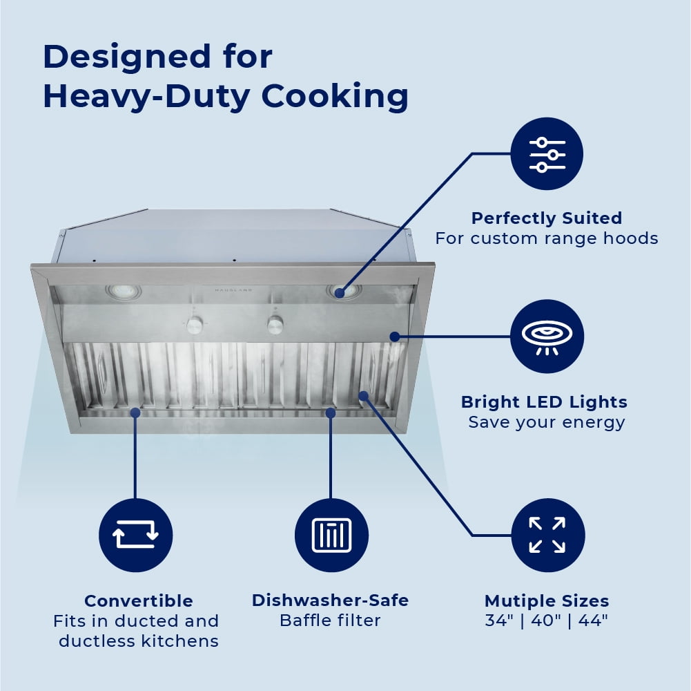 Hauslane In-R200 36” Pro-Style Built-In Range Hood | 18” Deep, Low Noise, Contemporary Design, Full-Size Handles, Baffle Filters, LED Lamps | 120V