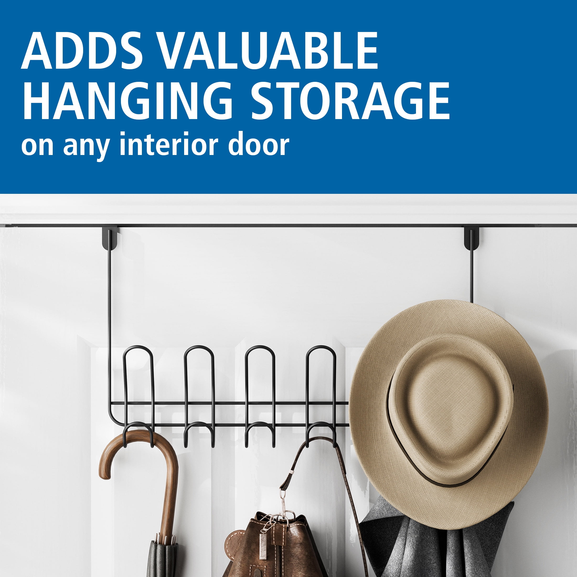 Mainstays Over-the-Door 6-Hook Rack, Hanging Storage for Towels, Robes, No Drilling, Matte Black