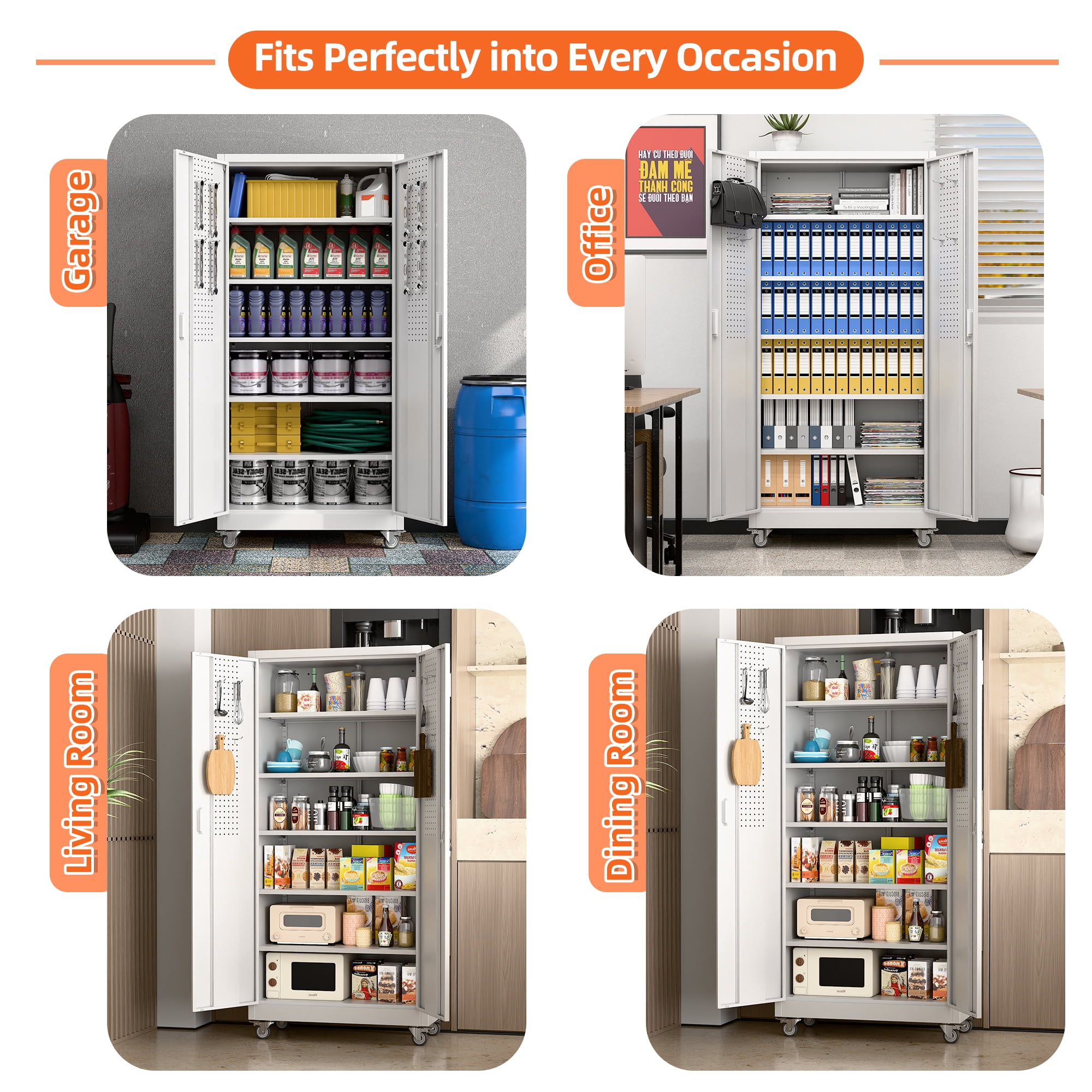Aobabo Metal Garage Storage Cabinet with Wheels, Rolling Tool Storage Cabinet with 5 Adjustable Shelves and Pegboard for Garage Home Office Utility Room,Required Assembly,White 71" H×32" W×16" D