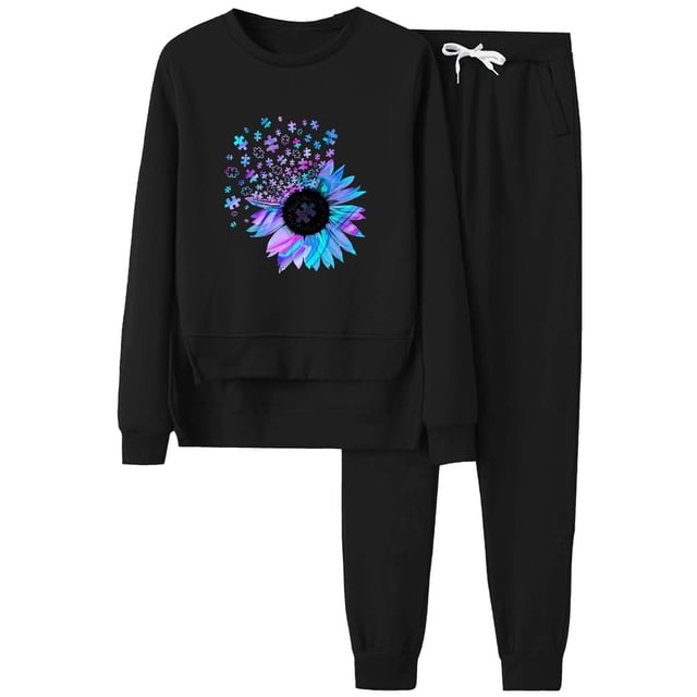 WILLBEST Vêtements d'Automne pour Femmes Décontractés avec Imprimé Tournesol Col Rond Manches Longues et Pantalons Longs pour Saisons Automne et Hiver Pantalons Décontractés pour Femmes