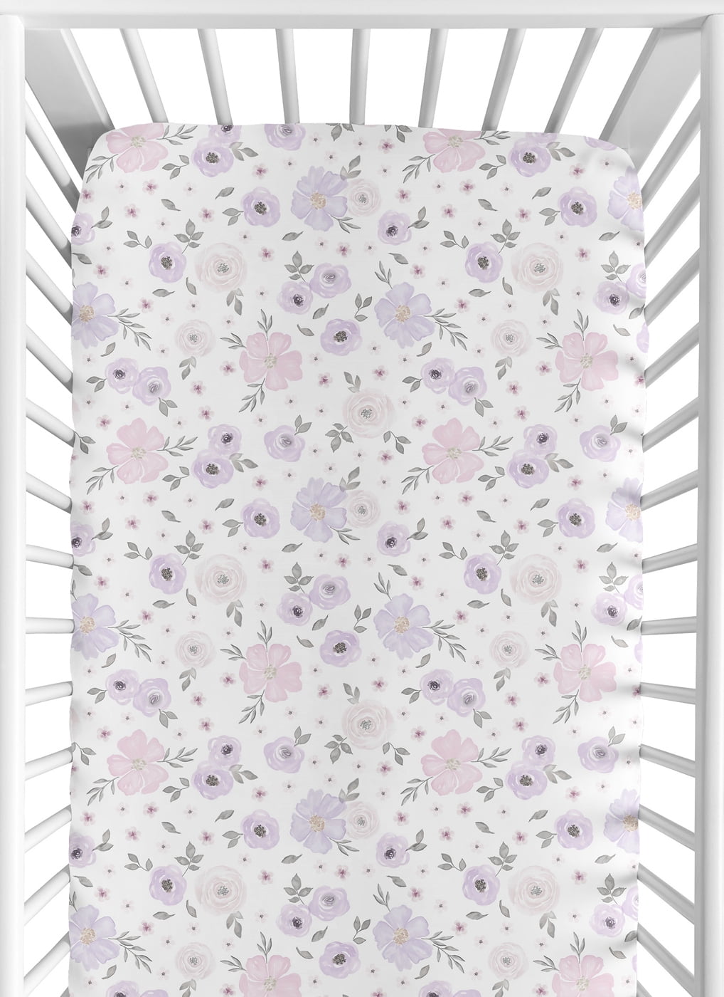 Watercolor Floral Lavender Purple And Grey Jersey Knit Fitted Crib Sheet by Sweet Jojo Designs