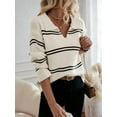 thumbnail image 5 of Women'S Casual Striped Long Sleeve V Neck Lightweights Pullover Sweater Loose Fit Drop Shoulder Knitted Tops White S, 5 of 9