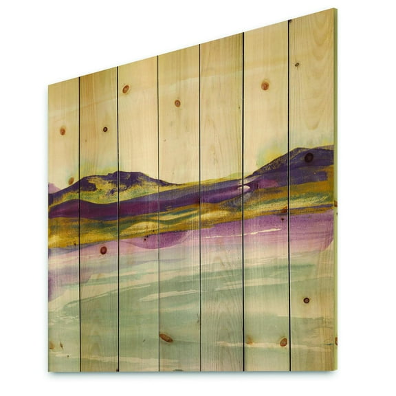Designart 'Painted Purple and Gold Landscape II' Shabby Chic Print on Natural Pine Wood