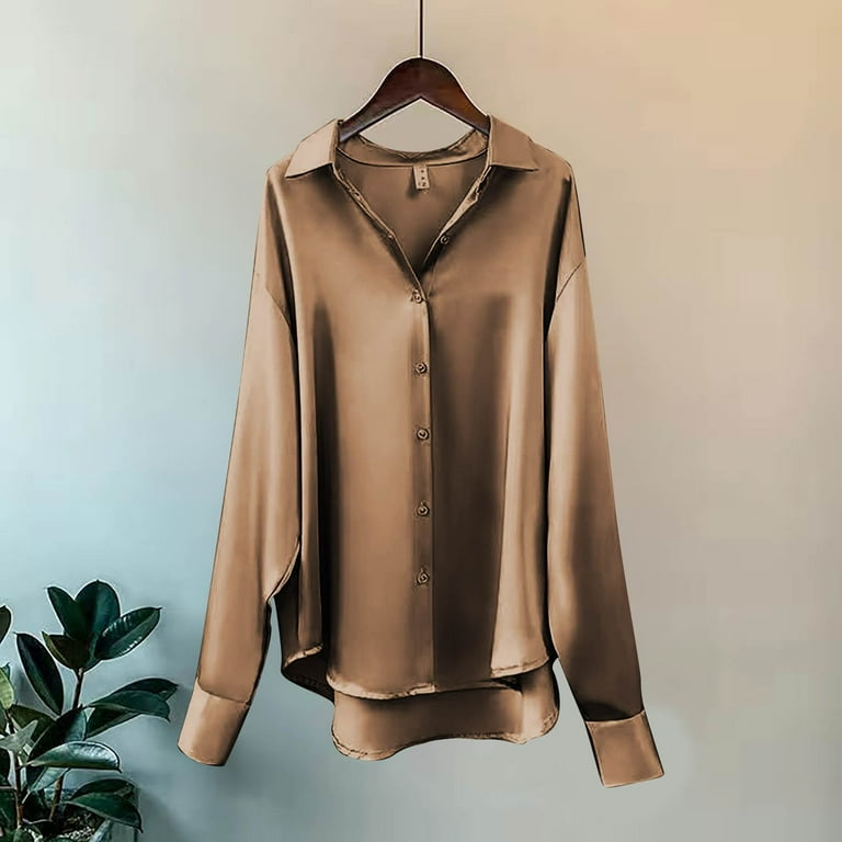 APEXFWDT Womens Satin Silk Button Down Shirts Silky Long Sleeve