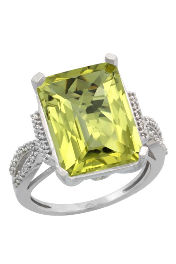 14K White Gold Diamond Natural Lemon Quartz Ring Emerald-cut 16x12mm, size 5.5