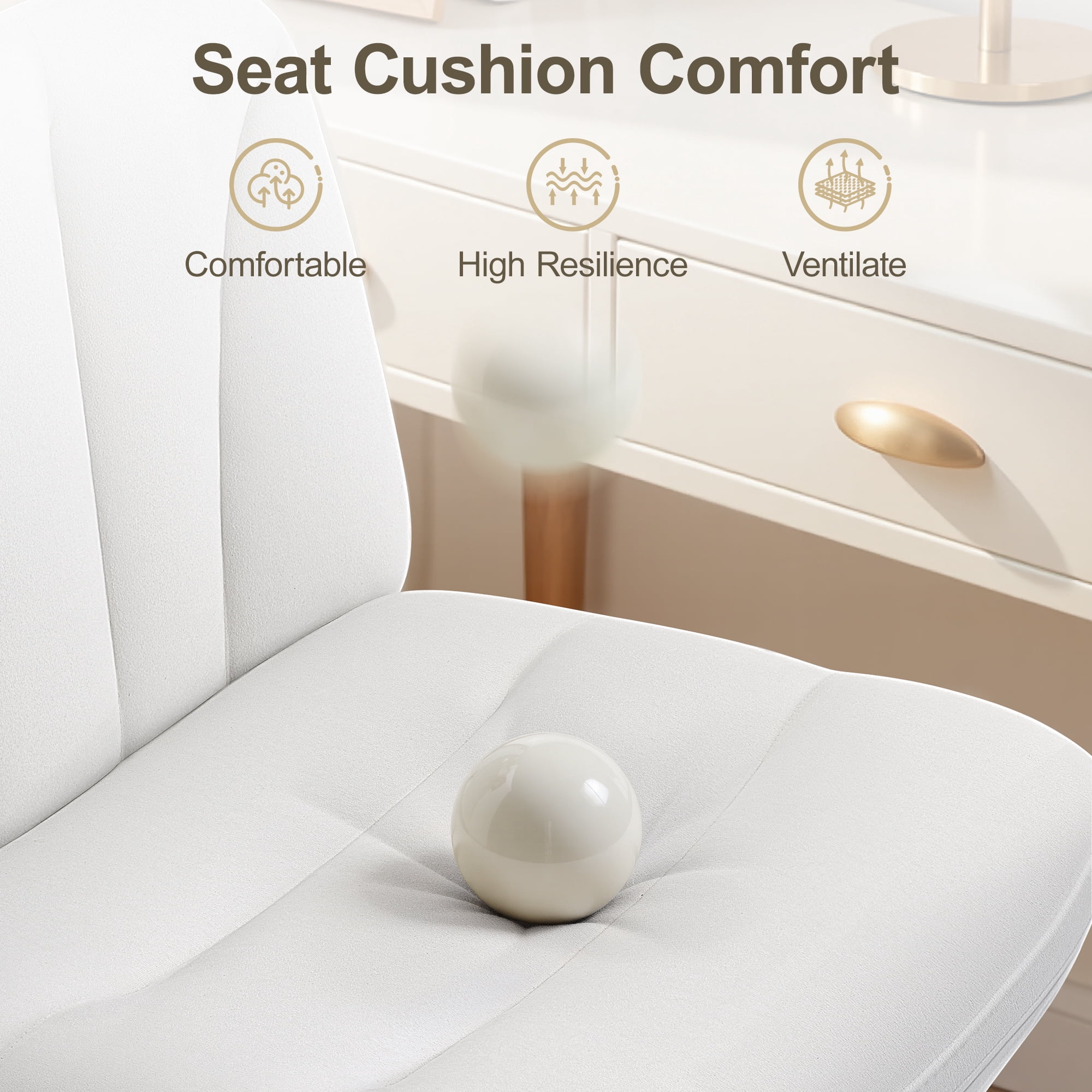 ATHOPE Criss Cross Chair with Wheels, 26"W Cross Legged Office Chair, Armless Vanity Desk Chair with 2 Layer Back & Seat, Swivel Height Ajustable for Home Office Bedroom, White Velvet