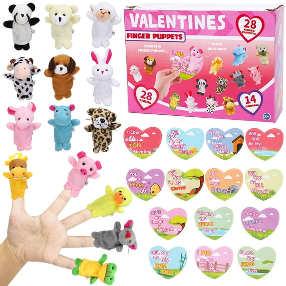 Litake 28Pcs Valentine Plush Animal Finger Puppets, with Heart Gift Cards, Classroom Exchange Prizes, Party Favors, Game Prizes for Kids
