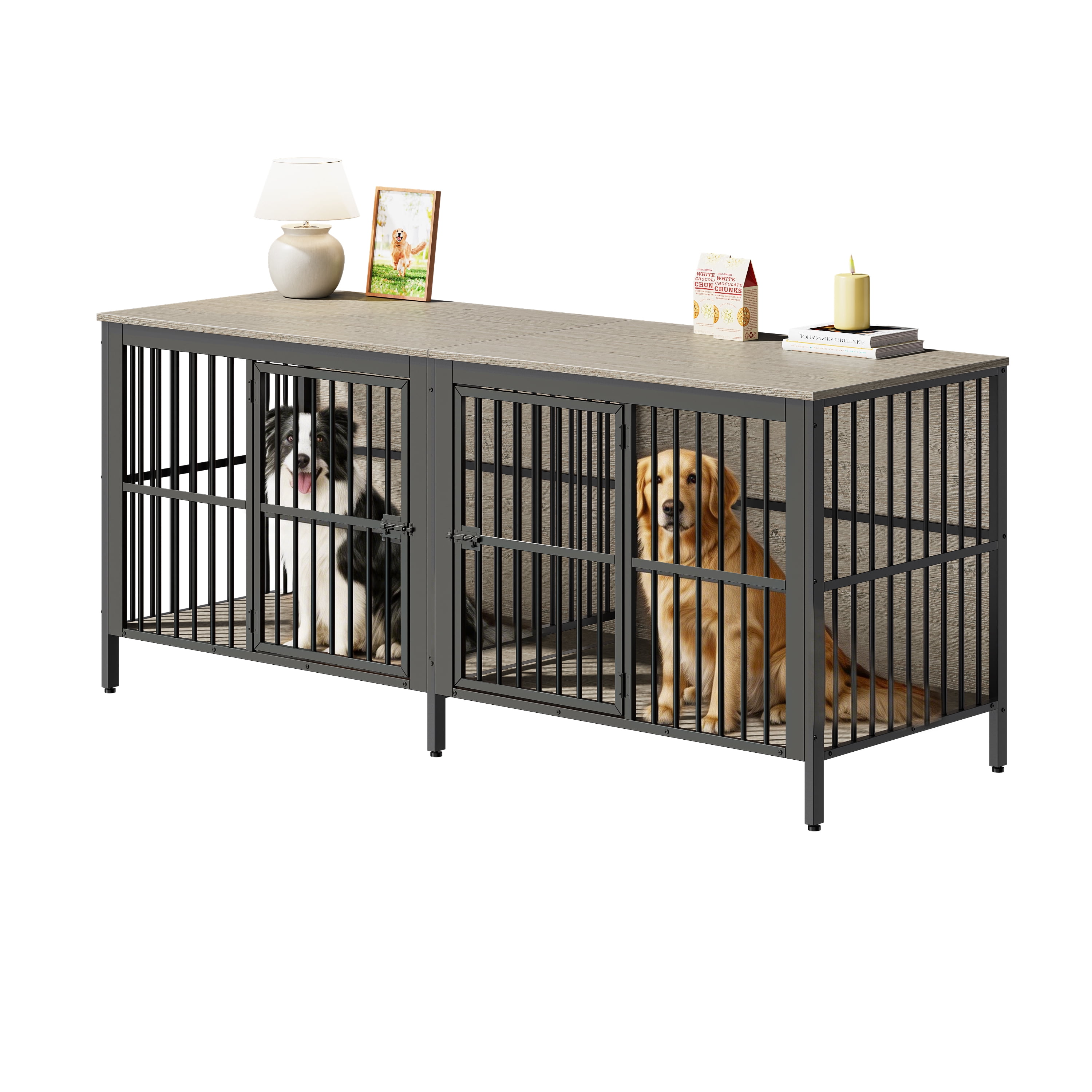 80" Dog Crate End Table, Heavy Duty 2-Door Indoor Pet Kennel, Dog House Furniture as TV Stand or Side Table for Living Room, Large & Medium Dogs, Grey