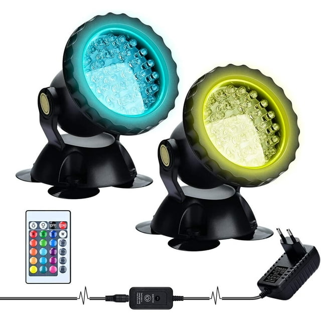 Proyector RGB para acuario, iluminación sumergible para peces, lámpara LED impermeable IP68 con ángulo ajustable y control remoto para jardín, estanque, piscina y fuente (paquete de 2)