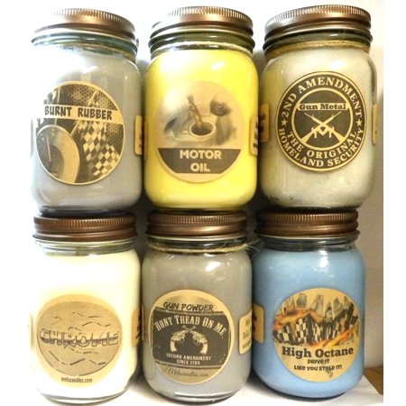 Polished Chrome Country Set (Large Combo - High Octane (Racing Fuel), Motor Oil, Burnt Rubber, Chrome, Gun Metal and Gun Powder Set of Six (6) 16oz Country Jar Soy Candles Great Unique Candles for)