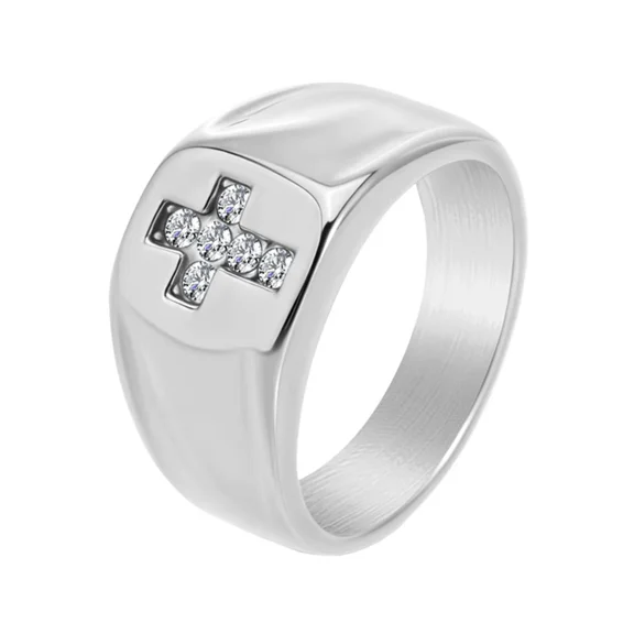 PAMTIER Zircon Cross Ring for Men Women Stainless Steel Band Sparkling Statement Jewelry Silver Size 12