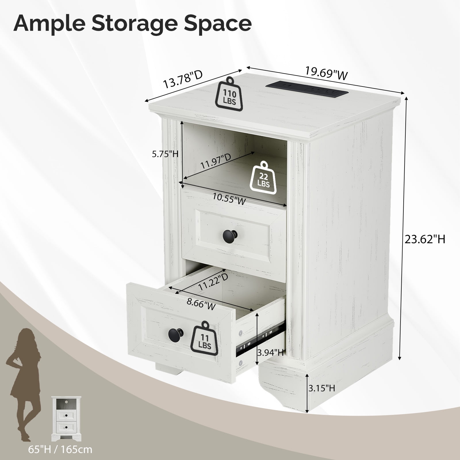 Zimtown 2-Drawer Nightstand, Side Table End Table with Charing Station, White