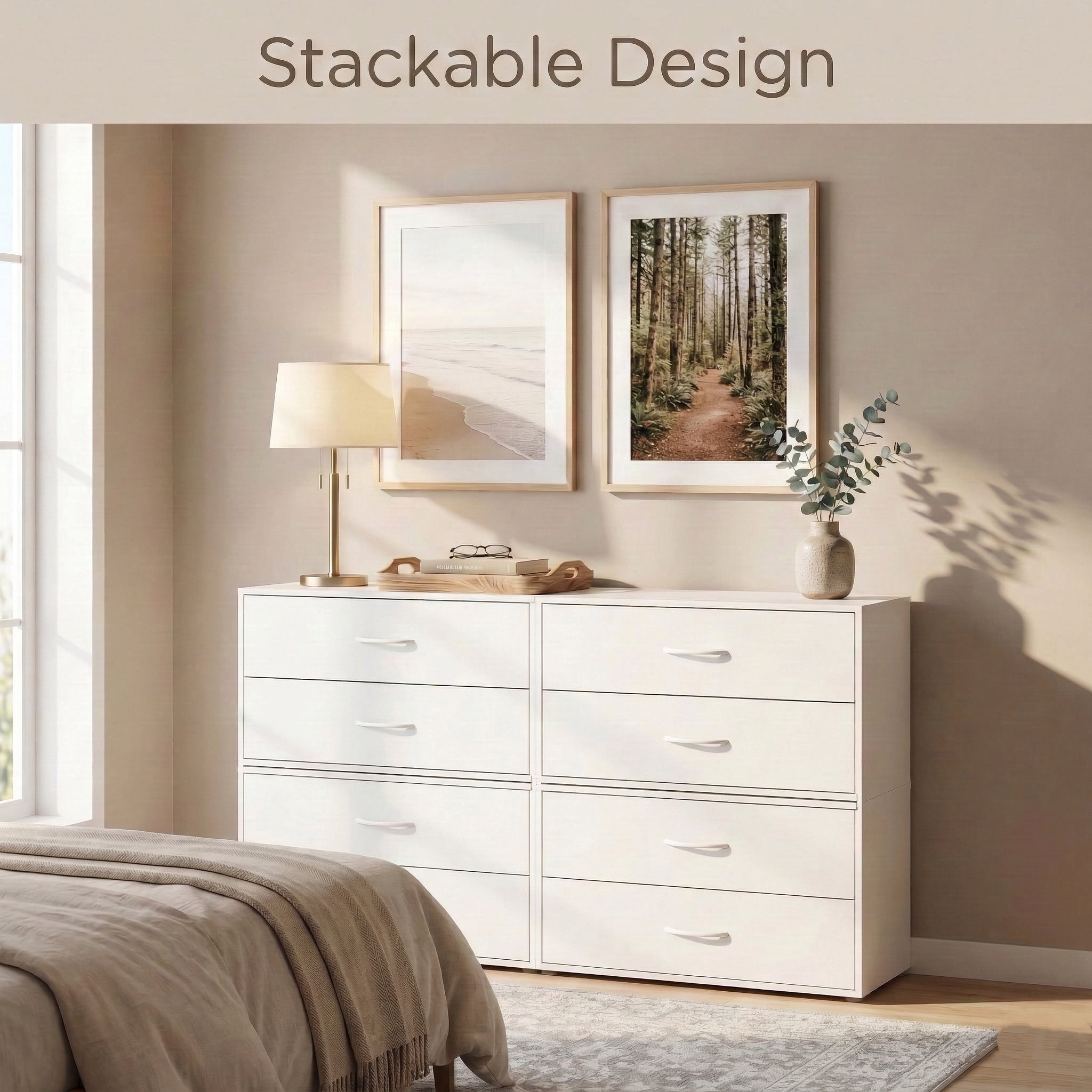 Prilinex 2-Drawer Dresser for Bedroom Set of 4, Stackable Wood Chest of Drawers,  White Dresser Storage Cabinet with Handles & Anti-Tip for Closet, Living Room