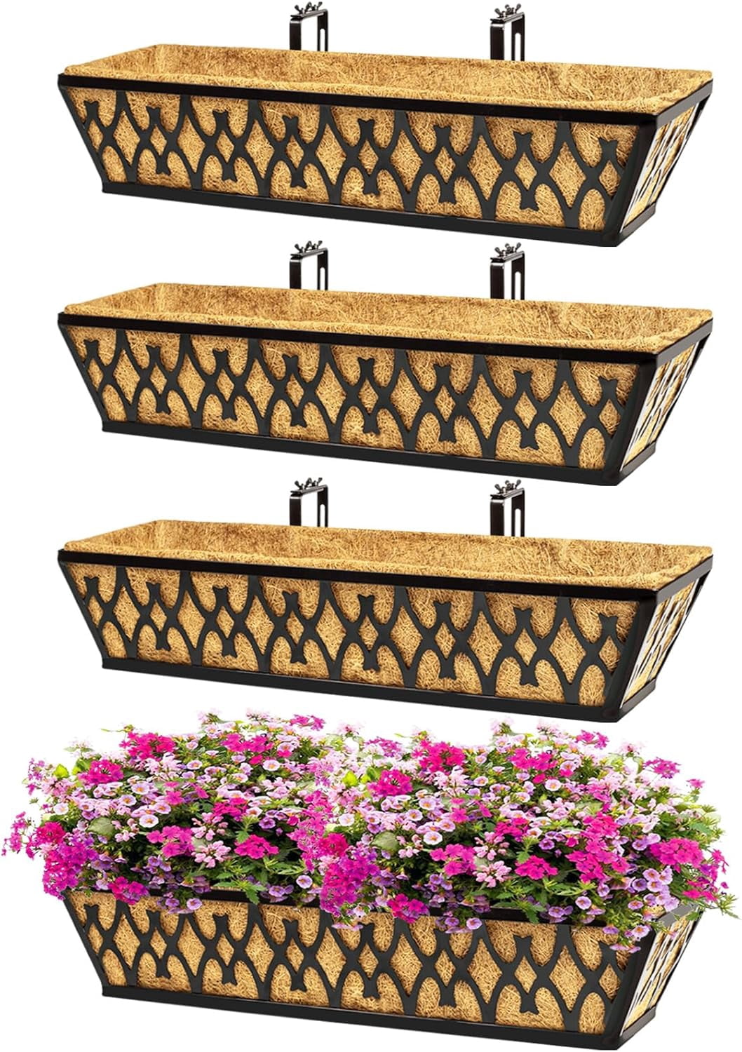 2 Pack 16 Inch Window Boxes Planters Railing Planter Box with Adjustable Brackets for Porch Fence Patio Balcony Hanging Flower Baskets with Coco Liners for Outdoor Garden Decor - Black