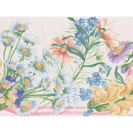 Blue Purple Yellow Pink Meadow Flowers Country Wallpaper Border Retro Design, Roll 15' x