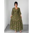 thumbnail image 4 of Green Floral Print V-Neck Maxi Dress With Tiered Skirt And Side Slit For Women, 4 of 7